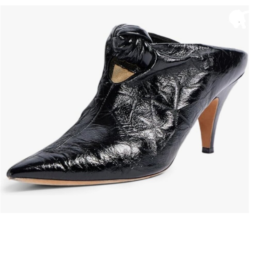 YDN Black Pointed Toe Mid Heeled Clogs Mules Knots Slip On Sandals Party Shoes